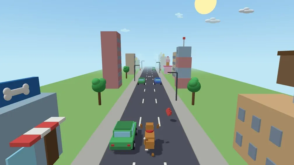 Cena do jogo: cachorro caramelo voxel corre por uma rua 3D entre prédios coloridos, desviando de carros e cones